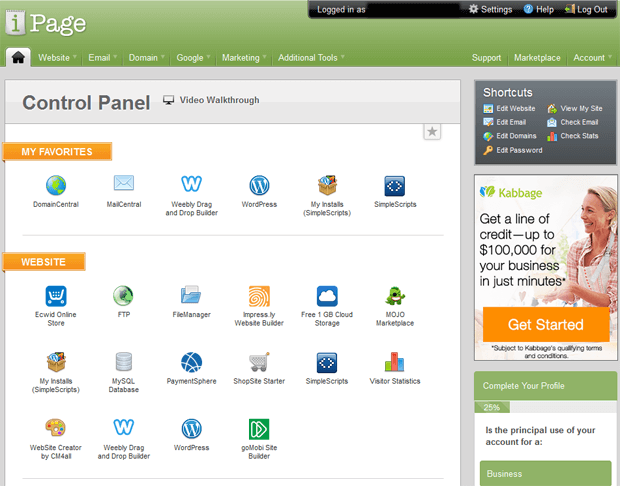 ipage web hosting interface